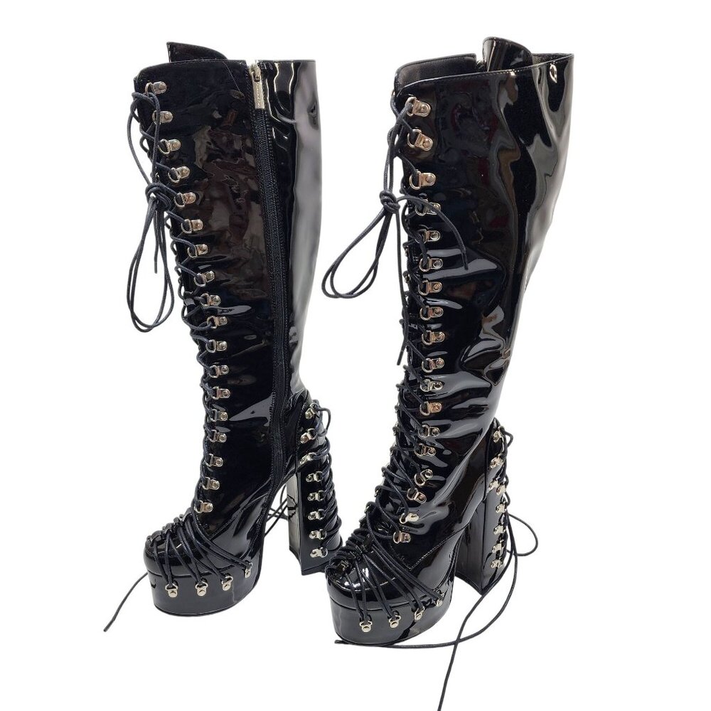 Black Leather Knee-High Lace-Up Platform Boots 6 Frankie Hsu Gothic side Zipper - Picture 6 of 9